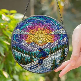Skier Carving Snow Mountain Tiffany Style Stained Glass - Radiant Sunset Sunrise Gift Stained Glass Suncatcher