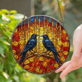 Black Crows Stained Glass Tiffany Style Autumn Leaves Tree Branches Window Decor Stained Glass Suncatcher