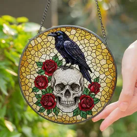 Realistic Human Skull Raven Red Roses Tiffany Stained Glass Mosaic Art Jewel Tones Stained Glass Suncatcher