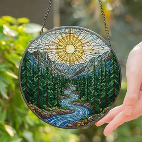 Intricate Stained Glass Golden Sun Mountain River Forest Landscape Jewel Tones Stained Glass Suncatcher