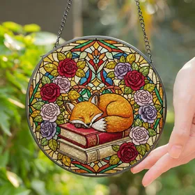 Sleeping Fox Antique Books Roses - Glowing Tiffany Style Glass Mosaic Stained Glass Suncatcher