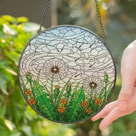 Tiffany Dandelion Puffball Floral Stained Glass Meadow - Blowing Seeds Gradient Sky Stained Glass Suncatcher
