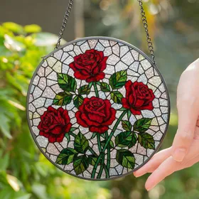 Red Roses Rose Leaves Tiffany Glass Mosaic - Ruby Emerald Jewel Tone Stained Glass Art Stained Glass Suncatcher