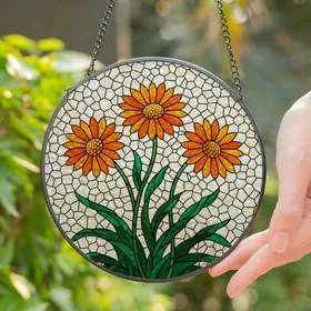 Three Orange Daisy Flowers Stained Glass Mosaic Art with Green Leaves - Tiffany Style Decor Stained Glass Suncatcher