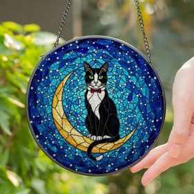 Black White Tuxedo Cat Golden Crescent Moon Celestial Night Sky Tiffany Jewel Tone Glass Stained Glass Suncatcher