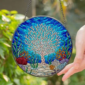 Stained Glass Coral Reef Ocean Sea Life Tiffany Style - Deep Blue Turquoise Water Art Stained Glass Suncatcher