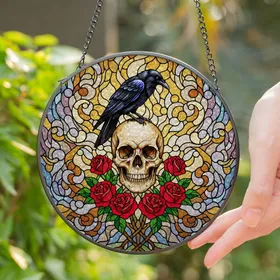 Detailed Tiffany Glass Skull Raven Red Roses Mosaic - Intricate Jewel Tone Home Decor Stained Glass Suncatcher