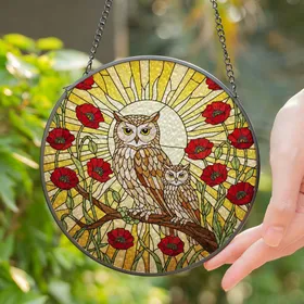 Mottled Brown Owls Red Poppies Radiant Sun Mosaic Tiffany Stained Glass Home Decor Stained Glass Suncatcher