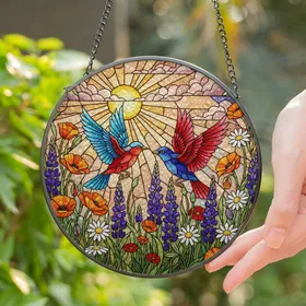 Tiffany Stained Glass Birds Wildflowers Meadow Flowers Sunrise Sunset Art Decor Stained Glass Suncatcher