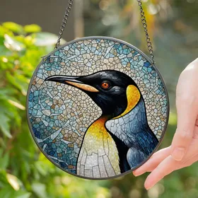 King Penguin Stained Glass Mosaic Art - Intricate Tiffany Inspired Edge Design Stained Glass Suncatcher