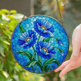 Blue Poppy Flowers Stained Glass Mosaic Art - Tiffany Style Window Panel Home Decor Gift Stained Glass Suncatcher