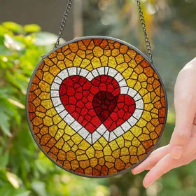 Stained Glass Overlapping Hearts Suncatcher - Ruby Red White Amber Golden Yellow Mosaic Art Stained Glass Suncatcher
