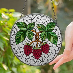 Tiffany Stained Glass Red Raspberries & Green Leaves Mosaic Art - Home Decor Gift Stained Glass Suncatcher