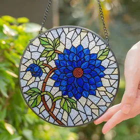 Blue Dahlia Stained Glass Flower Mosaic Art - Tiffany Style Jewel Tone Home Decor Gift Stained Glass Suncatcher