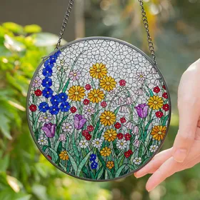 Stained Glass Wildflower Meadow Garden Mosaic - Orange Yellow Blue Purple Tulip Decor Stained Glass Suncatcher