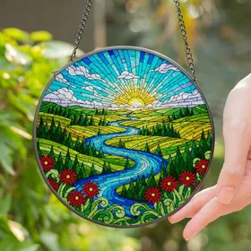 Glowing Tiffany Stained Glass River Landscape - Jewel Tones Forest & Flower Art Stained Glass Suncatcher