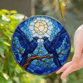 Two Blue-Black Birds Stained Glass Moon Branch - Affectionate Night Sky Decor Gift Stained Glass Suncatcher