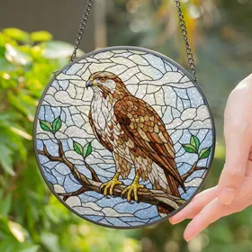 Majestic Hawk Stained Glass Tree Branch Cloud Sky Tiffany Jewel Tone Nature Art Stained Glass Suncatcher