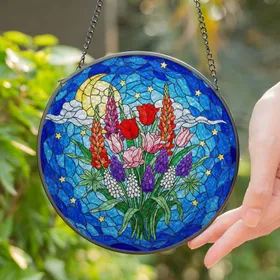 Blooming Tulips Hyacinths Lupines Crescent Moon Stars Dark Blue Night Sky Mosaic Window Art Stained Glass Suncatcher
