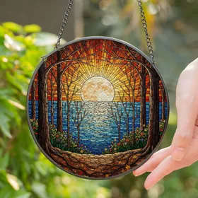 Glowing Full Moon Stained Glass - Detailed Tree Roots, Autumn Leaves, Water Sunset Stained Glass Suncatcher
