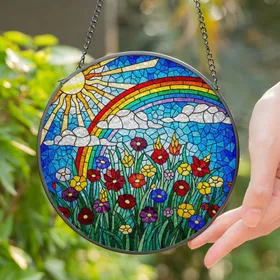 Tiffany Style Stained Glass Blooming Flowers Sun Rainbow Clouds Mosaic Blue Sky Jewel Tones Stained Glass Suncatcher