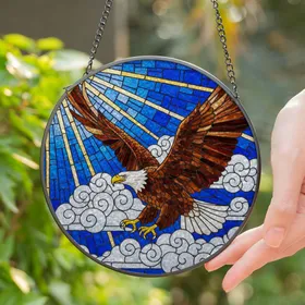Bald Eagle Mid-Flight Stained Glass Tiffany Style Sky Mosaic - Radiant Sun Clouds Stained Glass Suncatcher