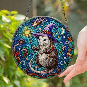 Tiffany Stained Glass Opossum Witch Hat Magic Wand - Celestial Swirls Enchanted Realm Art Gift Stained Glass Suncatcher