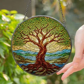 Majestic Gnarled Tree Stained Glass Tiffany Art - Colorful Landscape Home Decor Gift Stained Glass Suncatcher