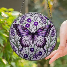 Detailed Tiffany Style Butterfly Stained Glass - Purple Lavender Floral Jewel Tone Mosaic Stained Glass Suncatcher