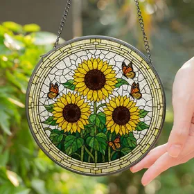 Tiffany Glass Sunflowers Monarch Butterflies - Golden Yellow & Emerald Green Nature Decor Stained Glass Suncatcher