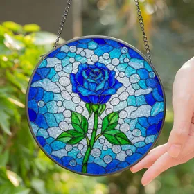 Blue Rose Tiffany Stained Glass Jewel Tone Pattern - Green Stem Leaves Dew Drops Stained Glass Suncatcher