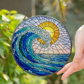 Magnificent Ocean Wave Sun Stained Glass Art - Tiffany Style Mosaic Seafoam Patterns Stained Glass Suncatcher