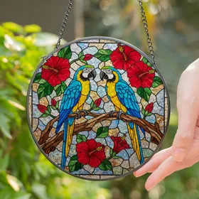 Blue Gold Macaws Hibiscus Flowers Tiffany Glass Mosaic Art – Nature Bird Lover Gift Stained Glass Suncatcher