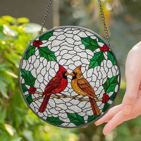 Two Cardinals Holly Berries Tiffany Stained Glass Mosaic - Christmas Winter Nature Gift Stained Glass Suncatcher