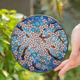 Pink White Cherry Blossoms Stained Glass Tiffany Style Art - Blue Sky Mosaic Intricate Patterns Stained Glass Suncatcher