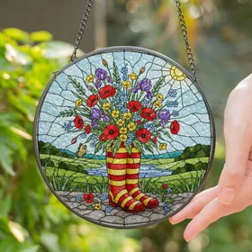 Red Yellow Rain Boots Wildflower Bouquet Butterfly Tiffany Stained Glass Intricate Art Stained Glass Suncatcher
