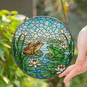 Stained Glass Frogs Lily Pads Pond Tiffany Style Art - Glowing Jewel Tone Decor Stained Glass Suncatcher