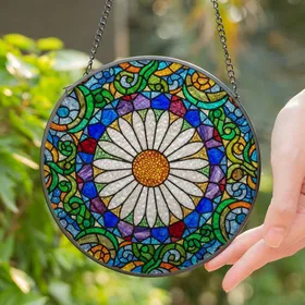 Daisy Flower Stained Glass Mosaic - Tiffany Style High Contrast Jewel Tone Detailed Art Stained Glass Suncatcher
