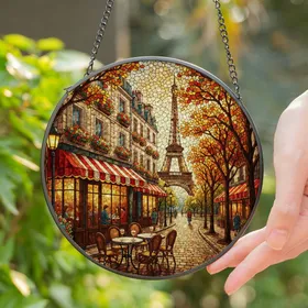 Parisian Street Cafe Eiffel Tower Stained Glass Art - European Cobblestone Autumn Scene Stained Glass Suncatcher