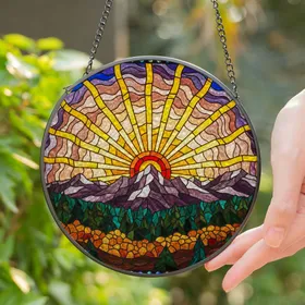 Tiffany Glass Sun Mountain Forest Evergreen Autumn Foliage Sky Rays Clouds Stained Glass Suncatcher