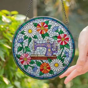 Ornate Vintage Sewing Machine Stained Glass Flowers Mosaic Tiffany Jewel Tones Stained Glass Suncatcher