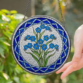 Forget-Me-Not Blue Yellow Stained Glass Flowers - Tiffany Style Intricate Floral Mosaic Art Stained Glass Suncatcher