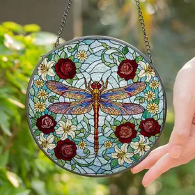 Dragonfly Tiffany Style Stained Glass Art Multi-Color Wings Jewel Tone Flowers Decor Stained Glass Suncatcher