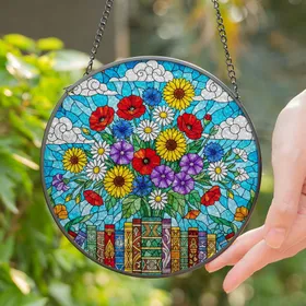 Stained Glass Flower Bouquet Colorful Book Spines Tiffany Style - Jewel Tone Sky Mosaic Stained Glass Suncatcher