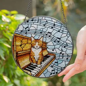 Orange Tabby Cat Piano Keys Musical Notes Stained Glass Mosaic - Tiffany Style Panel Stained Glass Suncatcher
