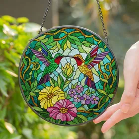 Two Hummingbirds Beaks Touching Green Red Purple Wings Tiffany Glass Style Flowers Garden Stained Glass Suncatcher