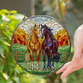 Horses Stained Glass Tiffany Style - Chestnut Bay Pair Pasture Autumn Trees Sky Stained Glass Suncatcher