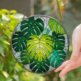 Monstera Leaf Tiffany Style Stained Glass Mosaic - Glowing Jewel Tone Botanical Decor Stained Glass Suncatcher