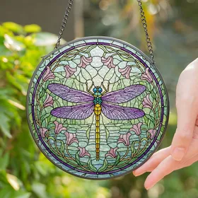 Dragonfly Stained Glass Tiffany Style Garden Flowers - Purple Wings Blue Body Jewel Tones Stained Glass Suncatcher