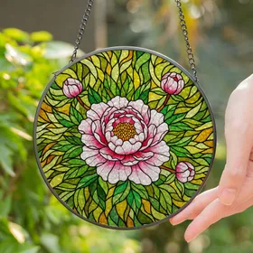 Peony Flower Stained Glass Tiffany Style Jewel Tone Mosaic Floral Home Decor Art Stained Glass Suncatcher